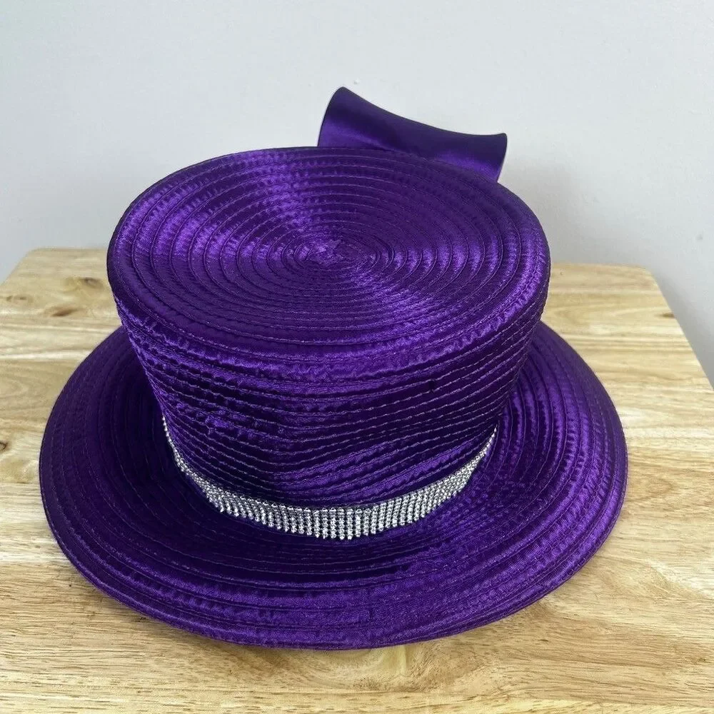 Purple Church Hat Womens Dress Derby Satin Ribbon Rhinestone Bow Top Hat